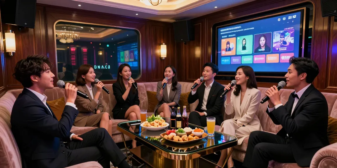 강남가라오케의 고급스러운 실내에서 친구들과 즐기는 분위기