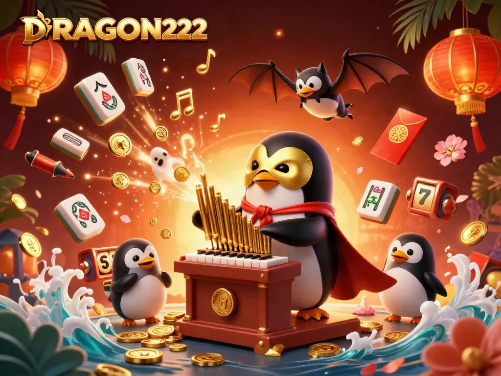 Engage in thrilling gameplay with DRAGON222 as a penguin plays a golden organ amidst vibrant casino elements.