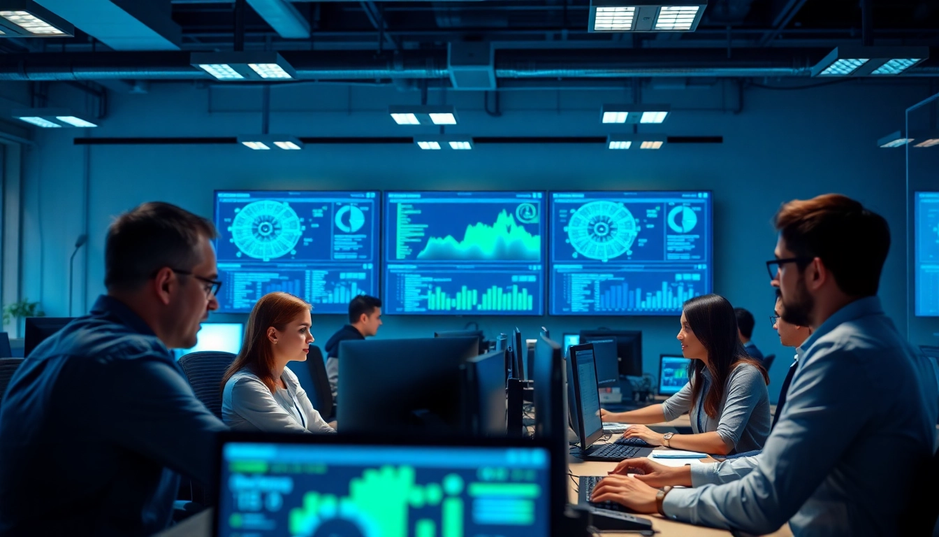 Team implementing network management solutions in a high-tech office environment.