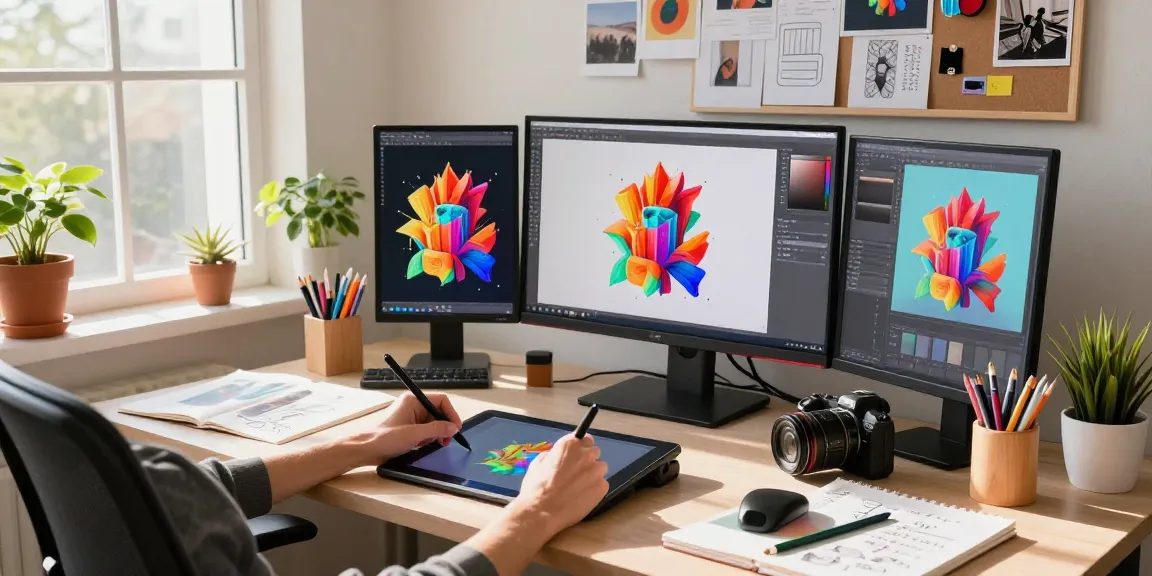 Digital artist using nano banana 2 for vibrant creations in a bright workspace.