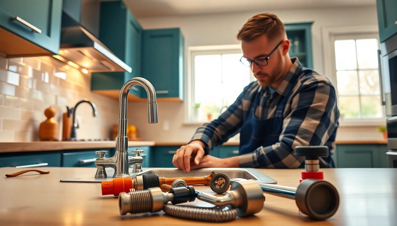 Plumber near me fixing a sink in a modern kitchen, showcasing expertise and professionalism.