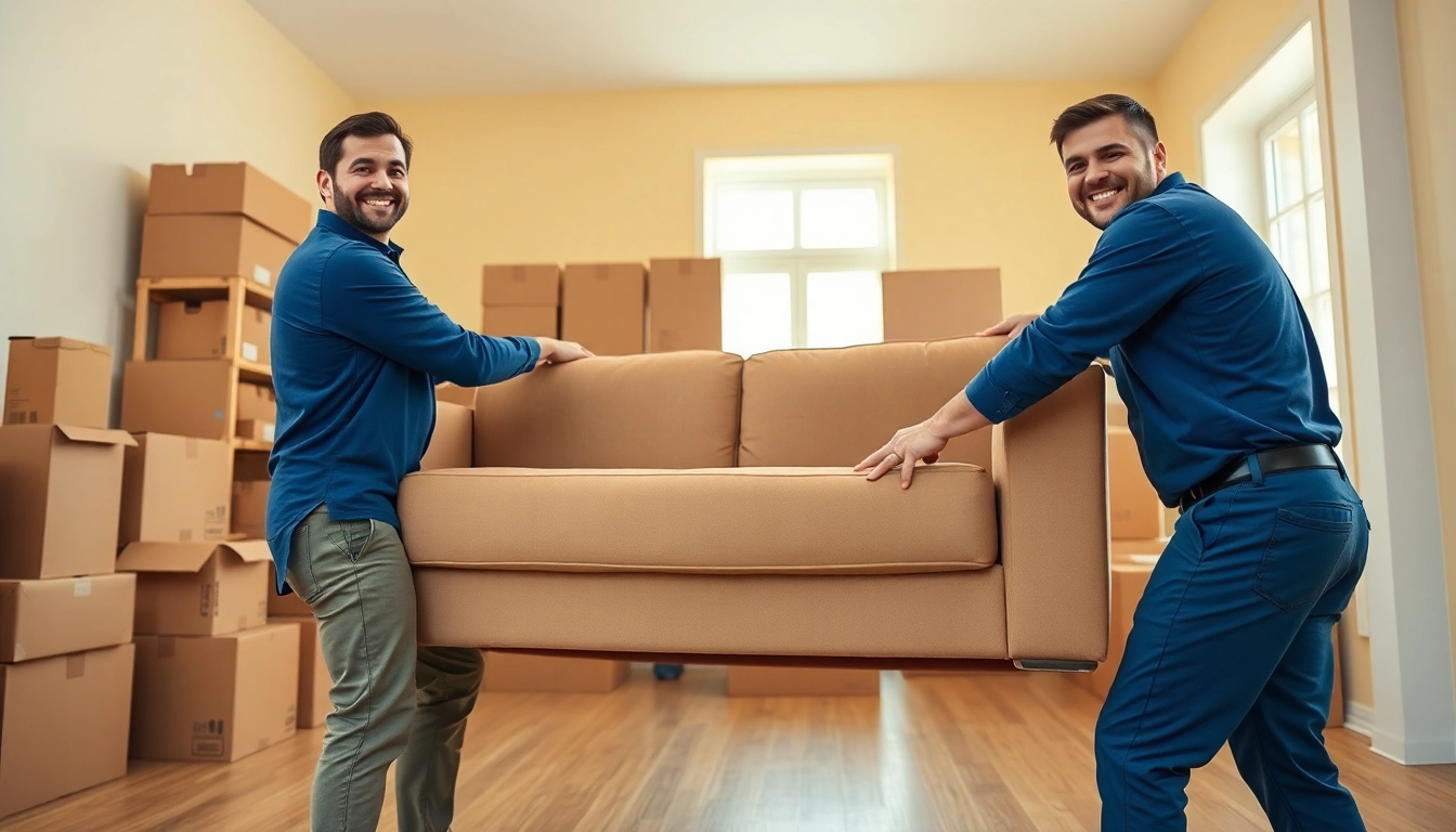Movers efficiently handling a couch in a well-lit room, showcasing teamwork and professionalism.