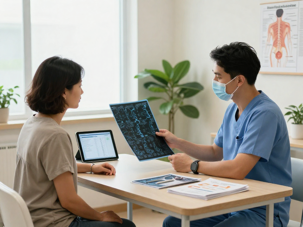 Bel fıtığı ameliyatı discussion between a neurosurgeon and patient in a clinical setting.