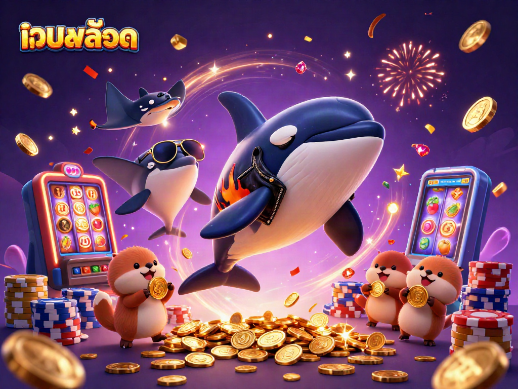 Spin the เว็บสล็อต reels with vibrant characters in a festive casino scene full of excitement.