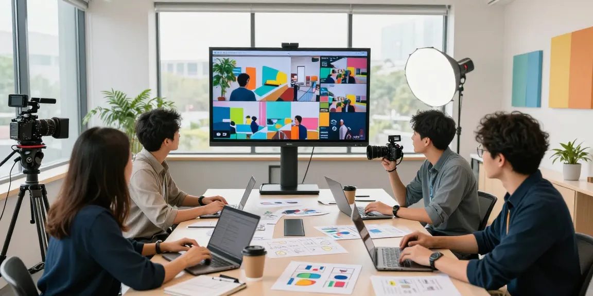 Singapore's leading corporate video production company team brainstorming innovative video ideas in a bright studio setting.