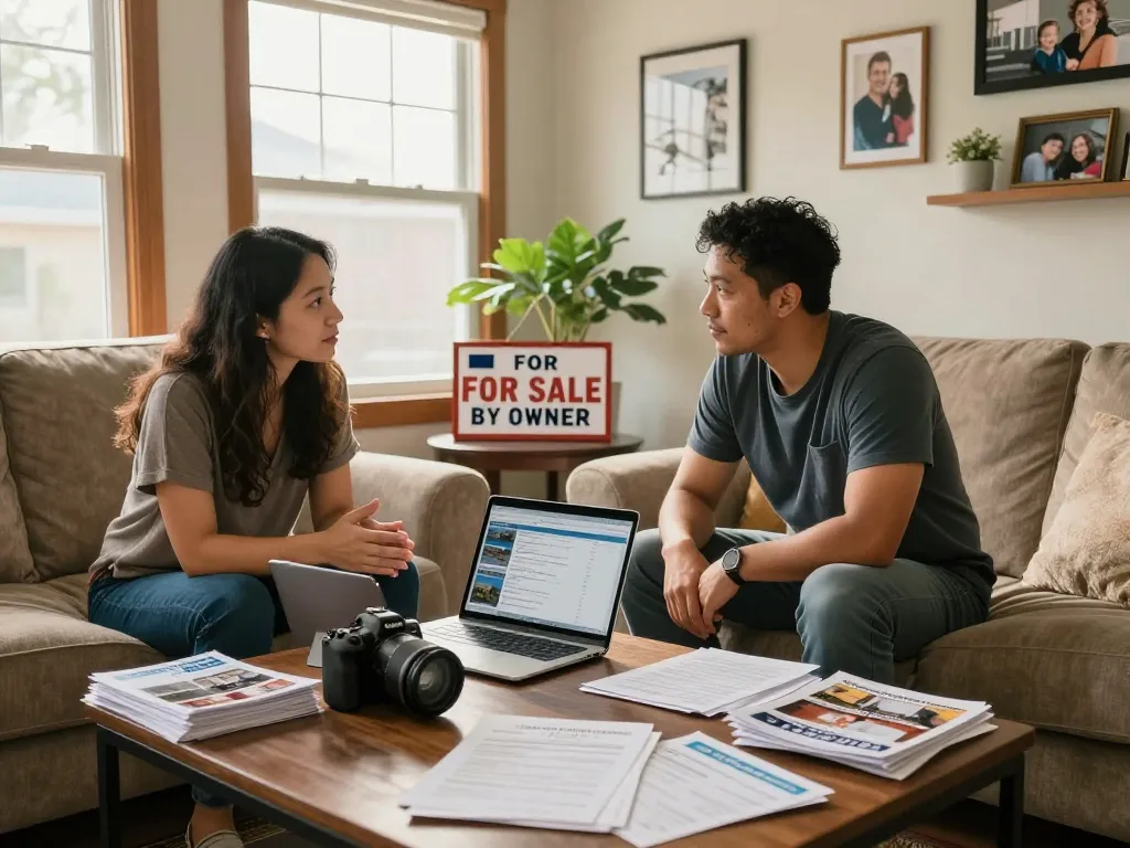 Couple planning to sell house without realtor engages with paperwork in cozy living room.