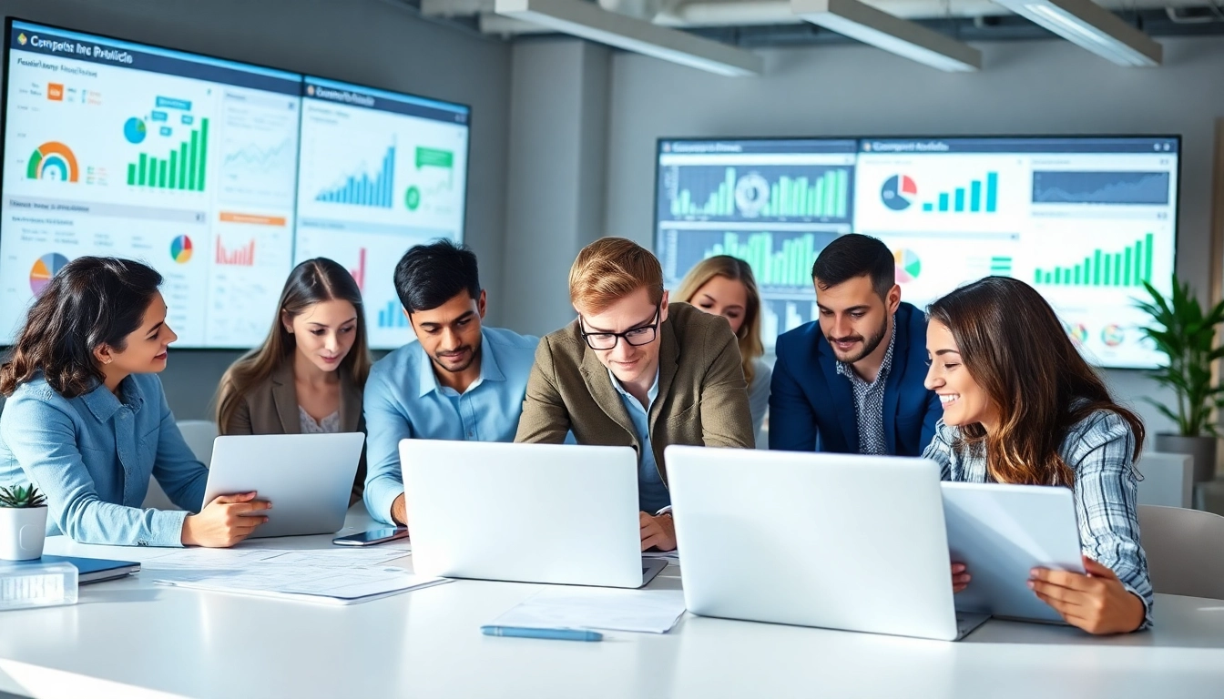 Team analyzing data using AI for competitor analysis in a modern, energetic office.
