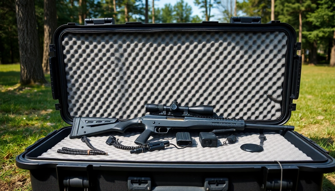 Showcasing foam for rifle case with custom cut-outs holding accessories securely outdoors.
