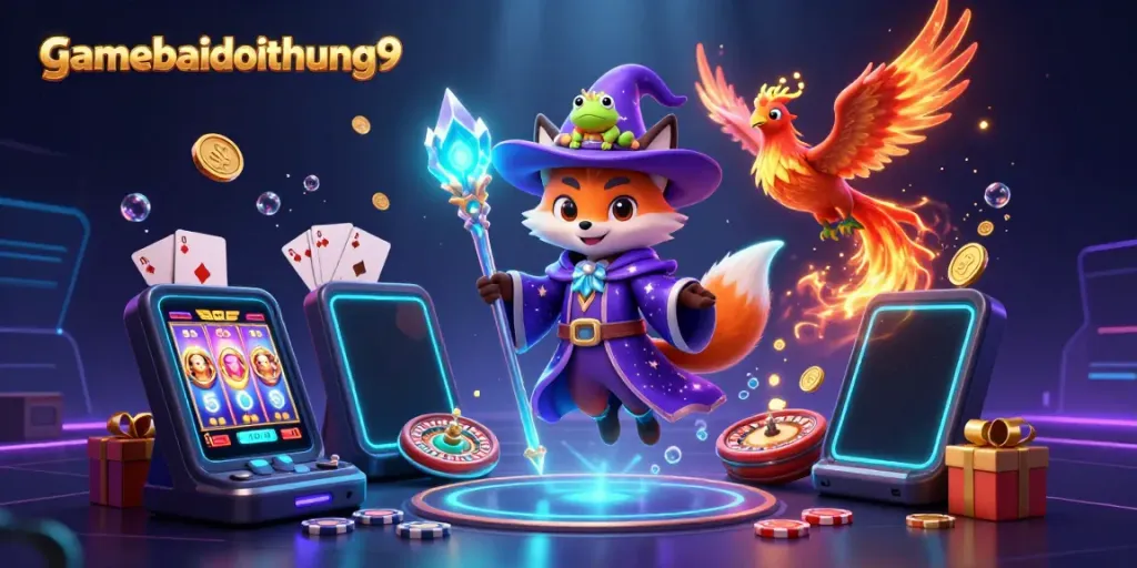 Experience thrilling entertainment with gamebaidoithuong9 featuring a wizard fox, phoenix, and vibrant slot elements.