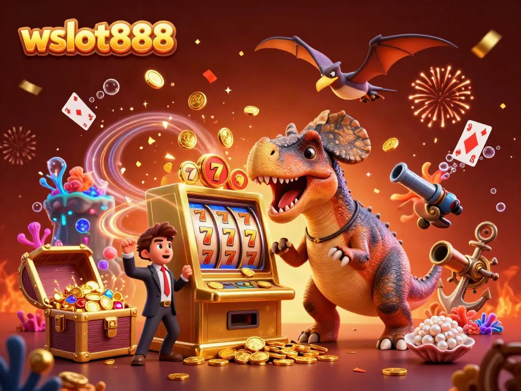 Gambaran menarik wslot888 dengan dinosaurus menang jackpot dan banyak koin emas bersinar.