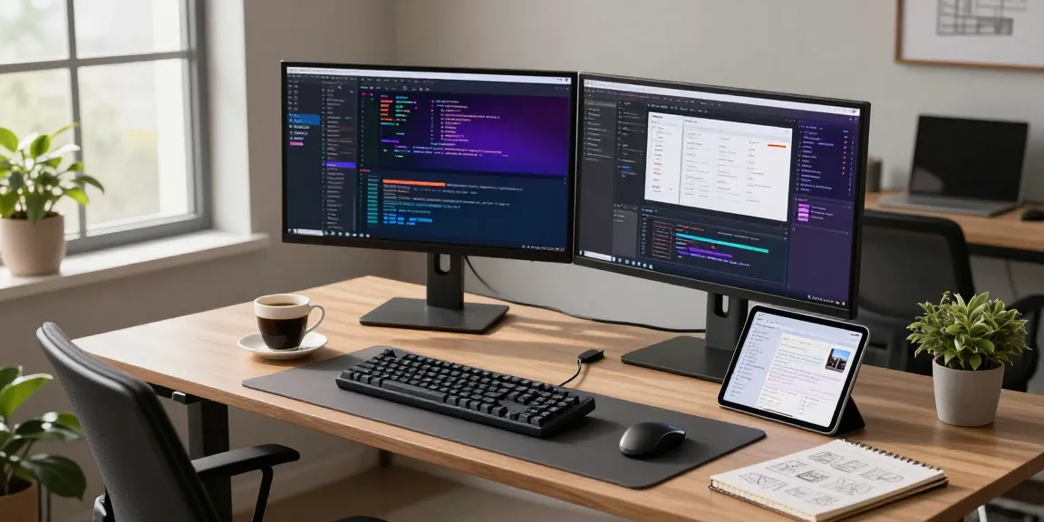 Efficient workspace showcasing software development with 截图工具下载 visible on screens, creating a productive coding environment.