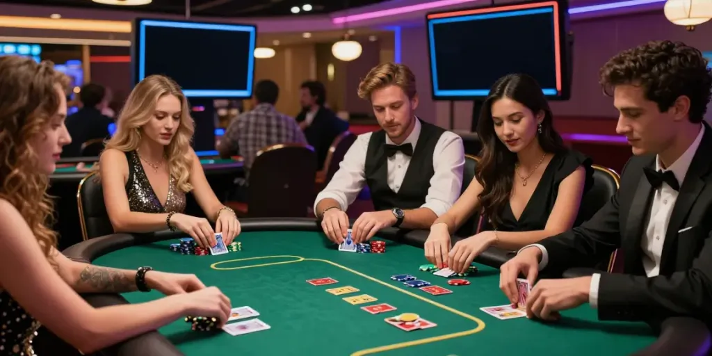 Exciting casino scene featuring friends playing poker at ORION88 table.