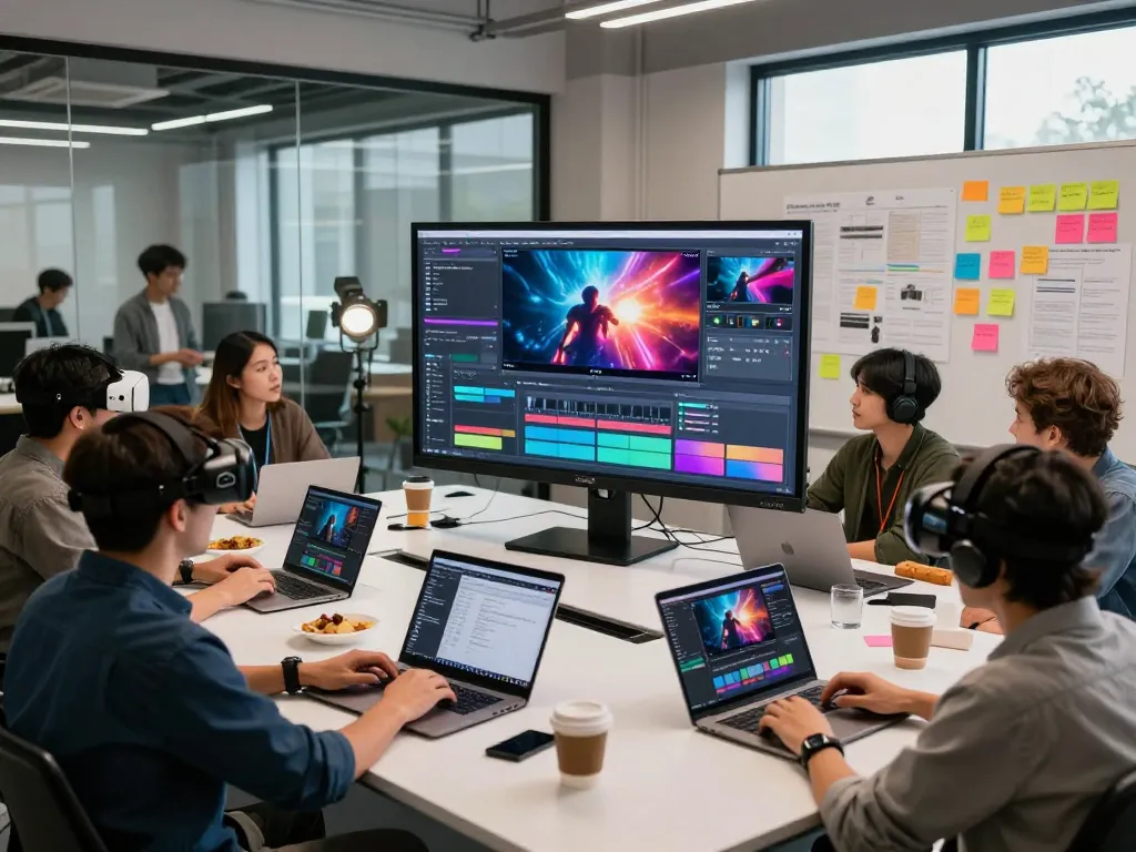 Seedance 2.0 team collaborating on immersive AI video production in a modern workspace.