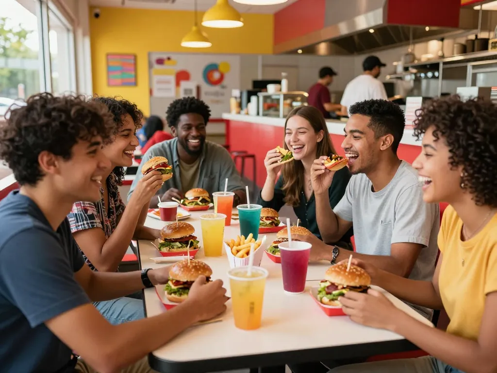 Fast food menu items shared among friends in a lively restaurant.