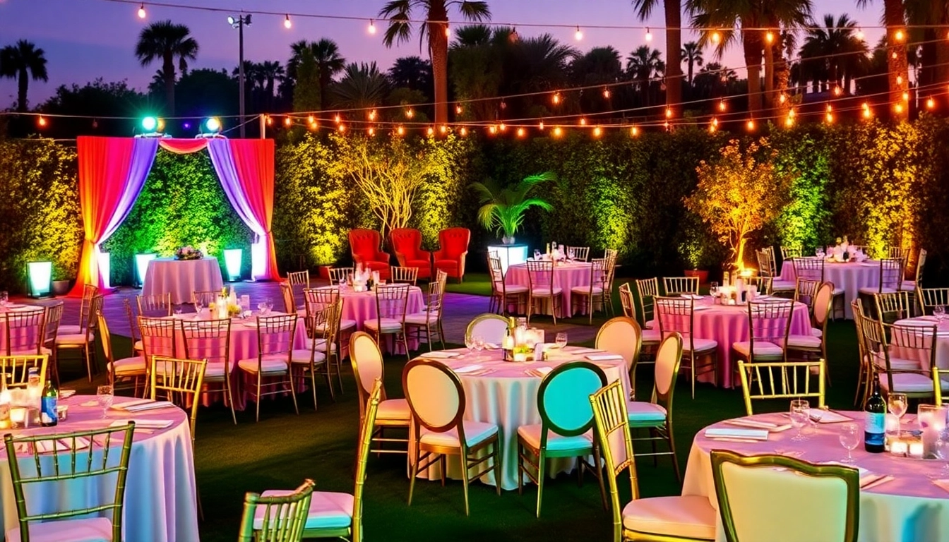 Elegant arrangement of Las Vegas Chair Rentals in a vibrant outdoor event.