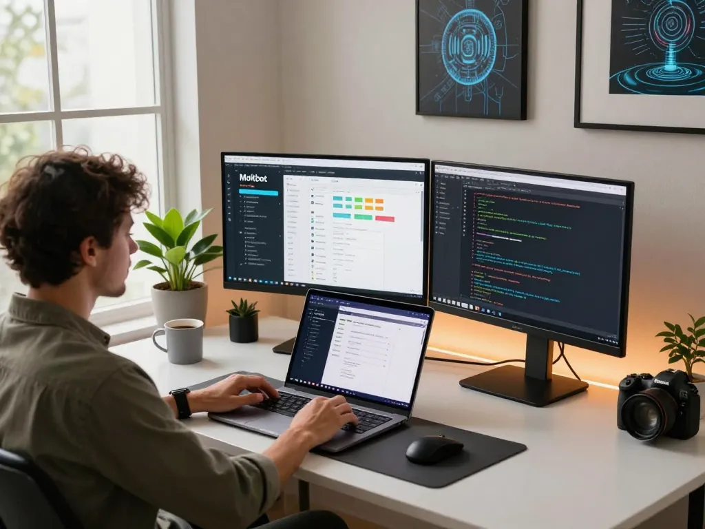 Moltbot mac user in a modern workspace, utilizing AI productivity tools on multiple monitors.