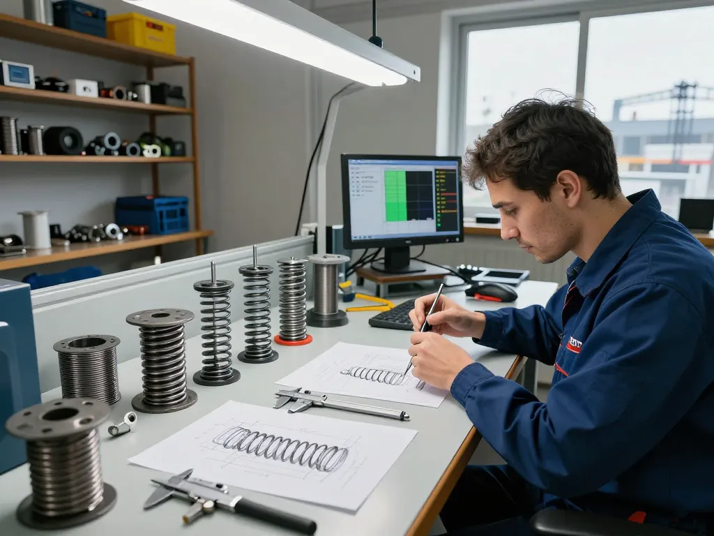 Tehnician proiectând Arcuri torsiune într-un spațiu avansat de inginerie cu unelte și schițe tehnice.