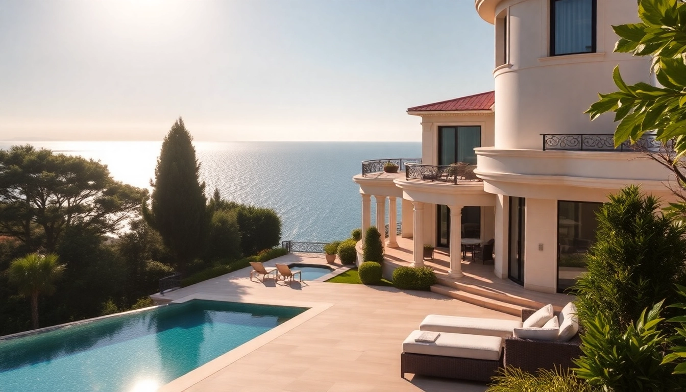 View of a luxurious villa where you can buy property in Alanya, surrounded by beautiful greenery and the Mediterranean Sea.