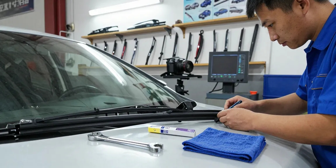 Rear wiper blade installation in an automotive workshop by a technician