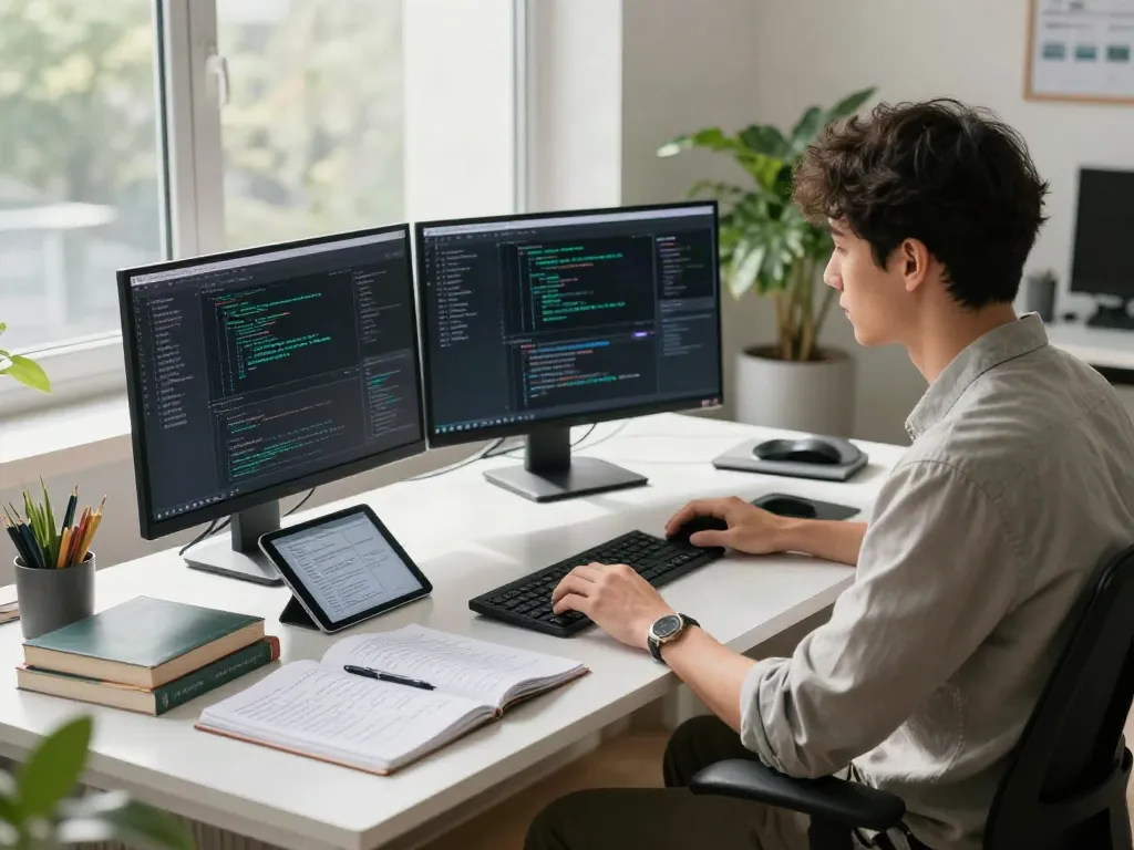 Data scientist organizing datasets using a dataset search tool in a modern workspace.