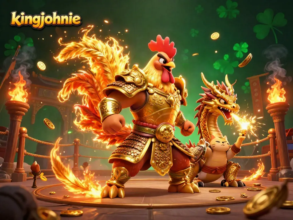 Engage in thrilling action with kingjohnnie's vibrant casino warriors amidst gold coins and fiery excitement.