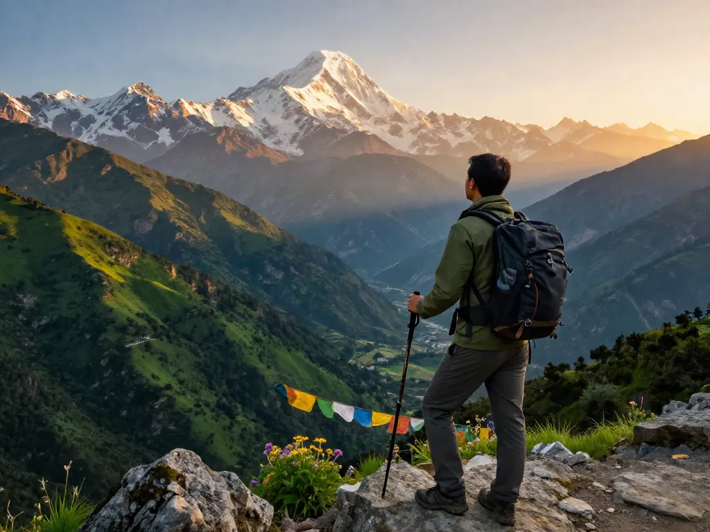 Traveler marveling at Mount Manaslu during the Manaslu Circuit Trek at sunset, showcasing stunning landscapes and trekking adventure.