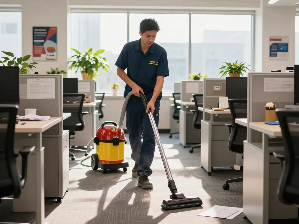 Professional janitor using SC881 vacuum cleaner to ensure cleanliness at https://sc881.com/ office.