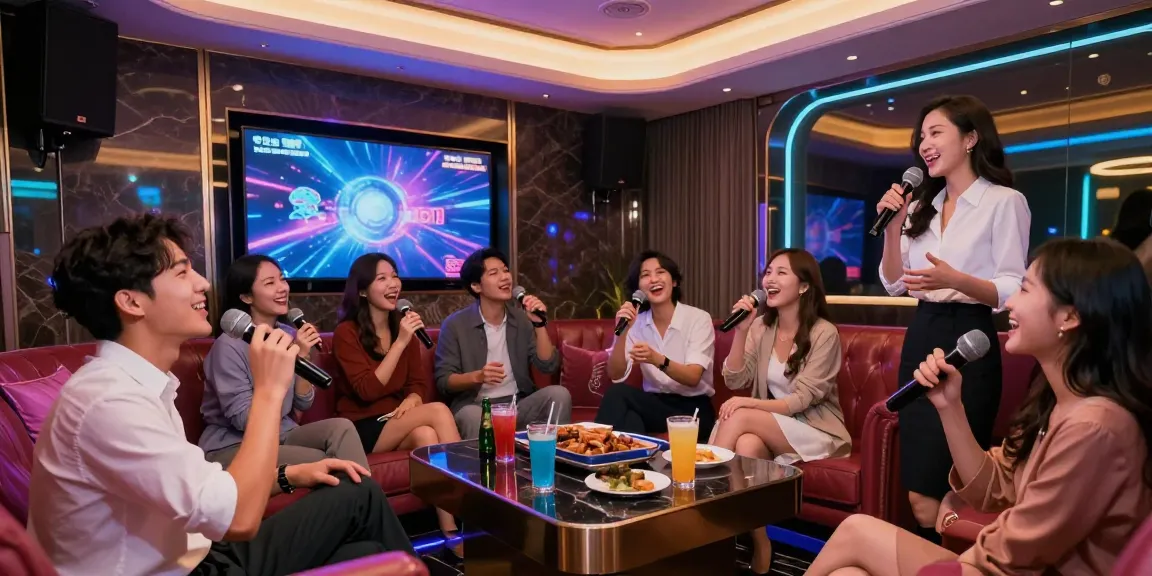 강남 가라오케에서 친구들과 함께 즐겁게 노래하고 있는 모습