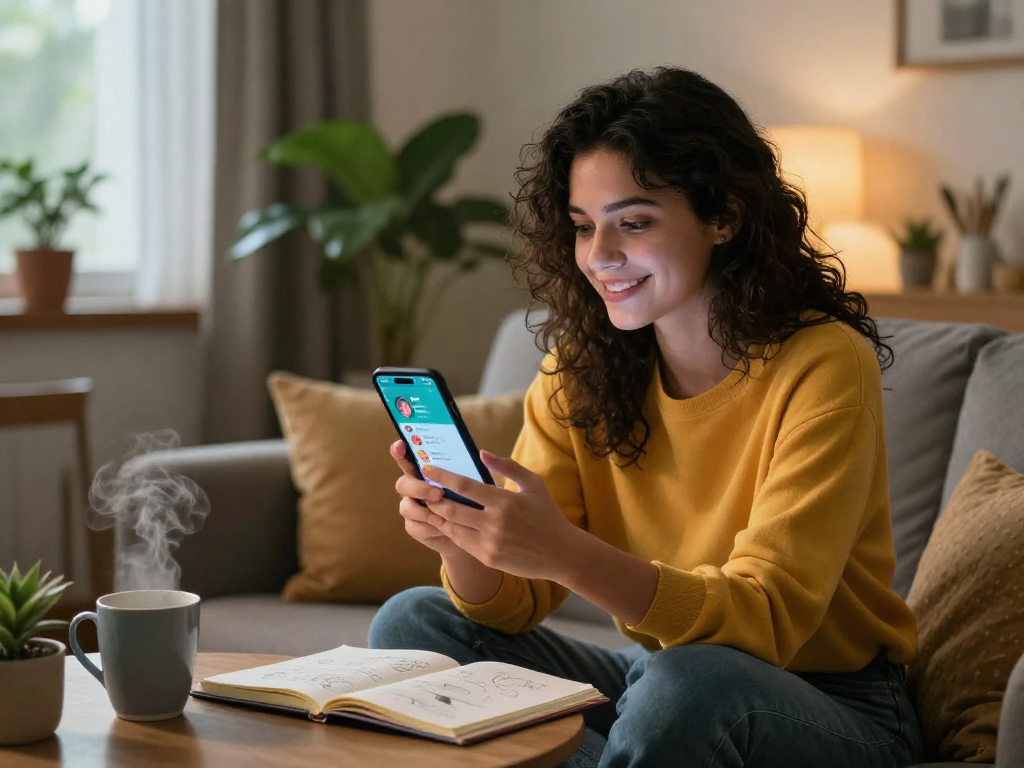 Engaging scene of a woman using girlfriend ai app on smartphone, showcasing connection in a cozy apartment.