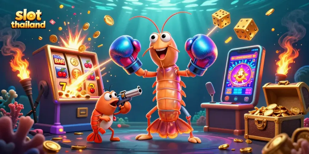 Experience thrilling action at slot thailand with cartoon marine characters amidst jackpot chaos.