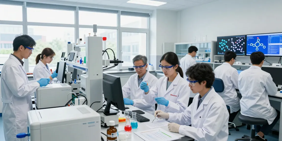 SwissChems researchers analyzing peptide samples in a modern lab environment.