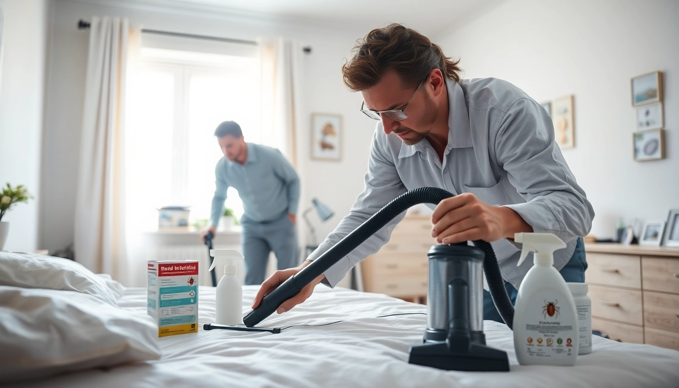 Efficient bed bug extermination near me showcased by a professional in a clean bedroom setting.