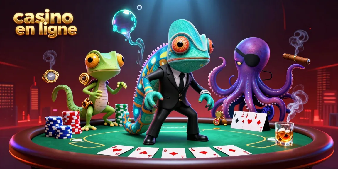 Gagnez au casino en ligne avec une illustration de caméléon agent secret, gecko et pieuvre autour d'une table de poker.