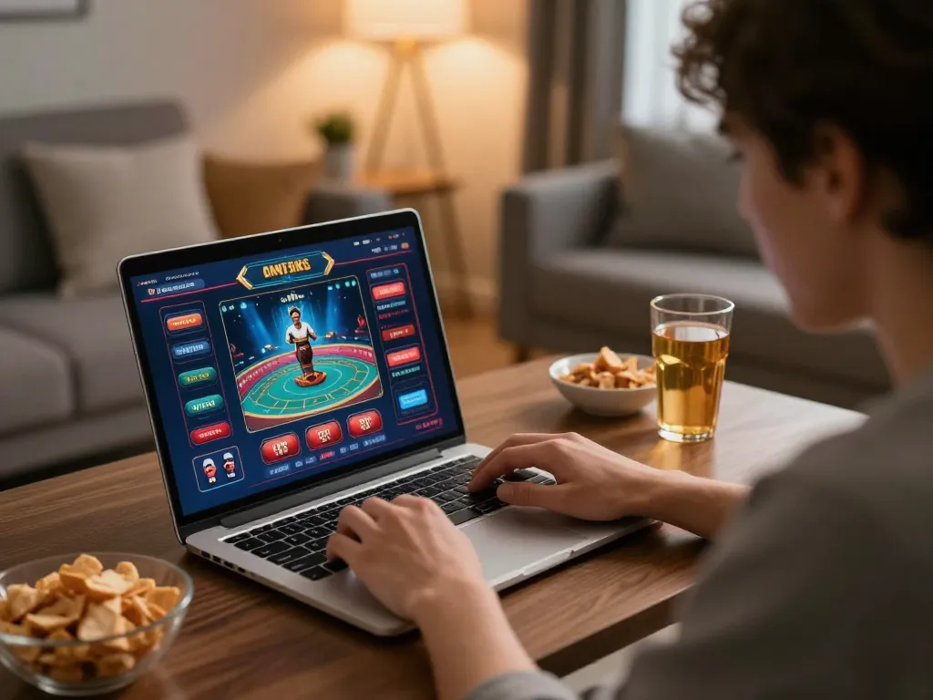 Engaged player betting on atq com with a laptop in a cozy gaming setup, highlighting strategic online casino interaction.