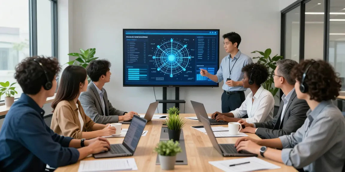 IT support businesses team collaborating in a modern corporate office setting, discussing proactive solutions.