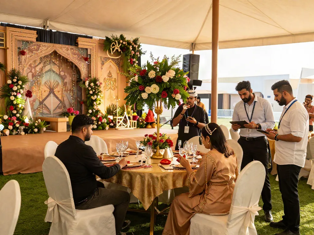 Event rental ksa showcasing event planners coordinating a stunning wedding setup with luxurious decor and vibrant designs.