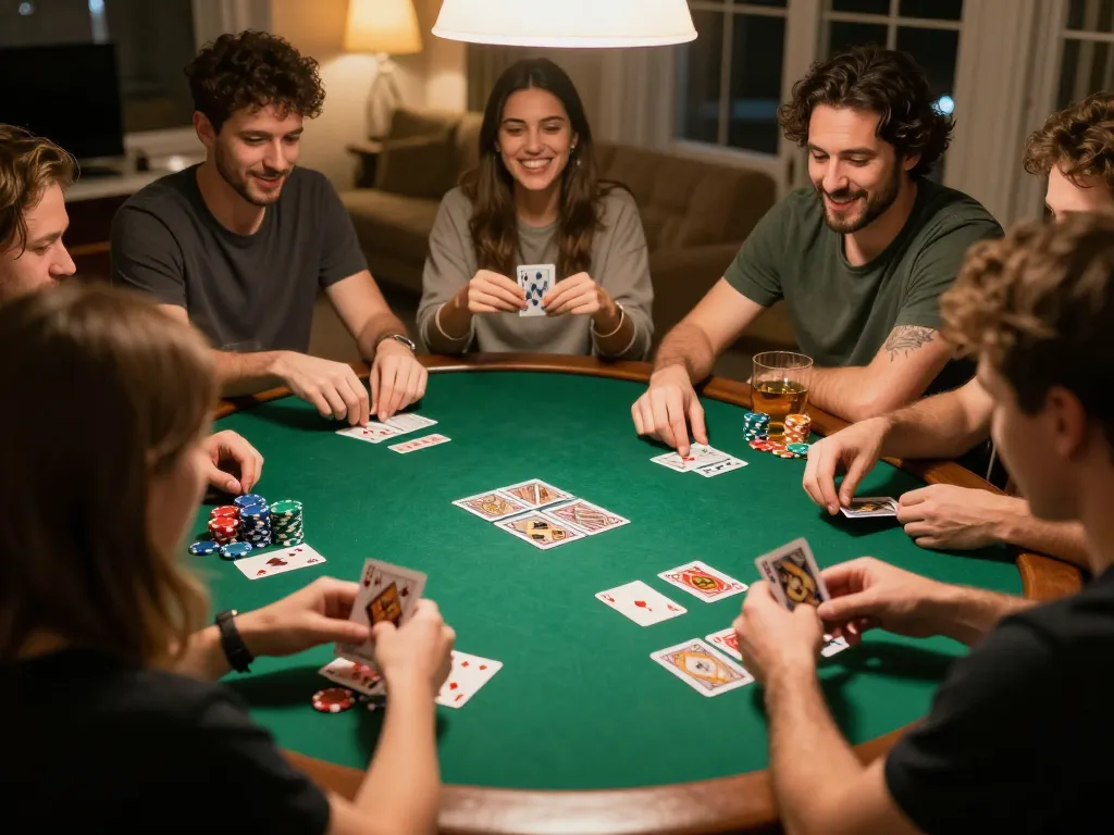 Friends engage in a lively poker game at home, showcasing strategic gameplay and excitement in a friendly atmosphere with Vuabet88