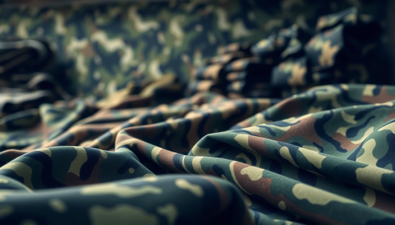Bekijk kleurrijke camouflage print stoffen in een elegante presentatie, perfect voor stijlvolle projecten.