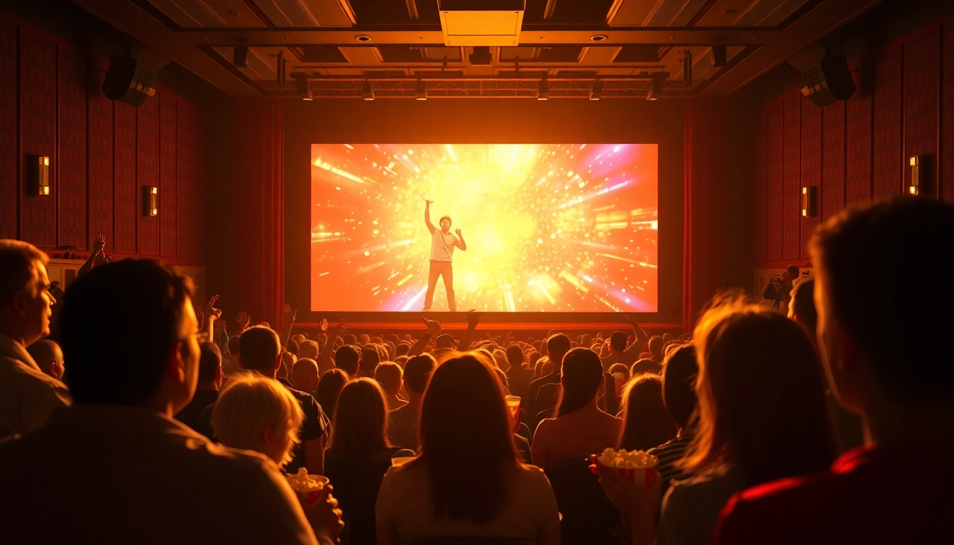Viewers engaged in ดูหนัง experience in a vibrant cinema environment.