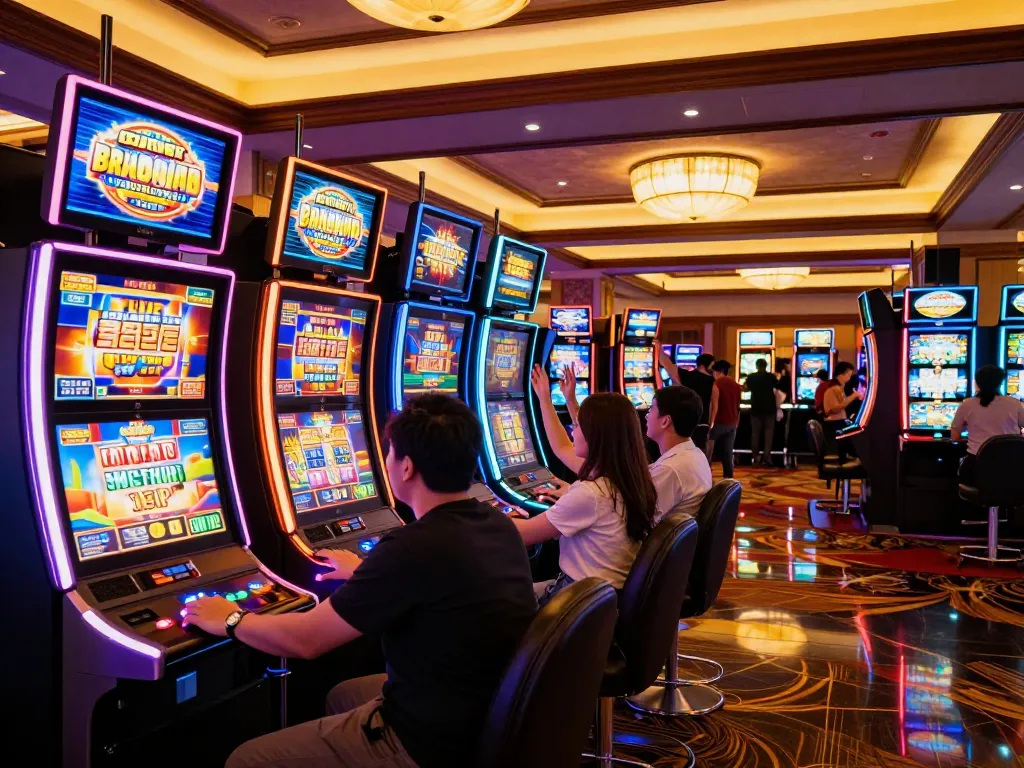 Players engaging with fun slot machines at Sunwin, celebrating wins in a vibrant casino setting.