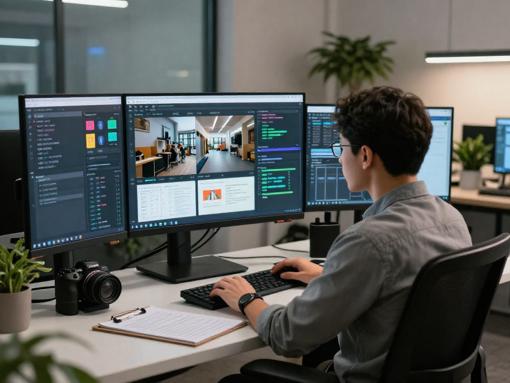Content moderator analyzing flagged media with an advanced ai image detector software in a modern office setting.
