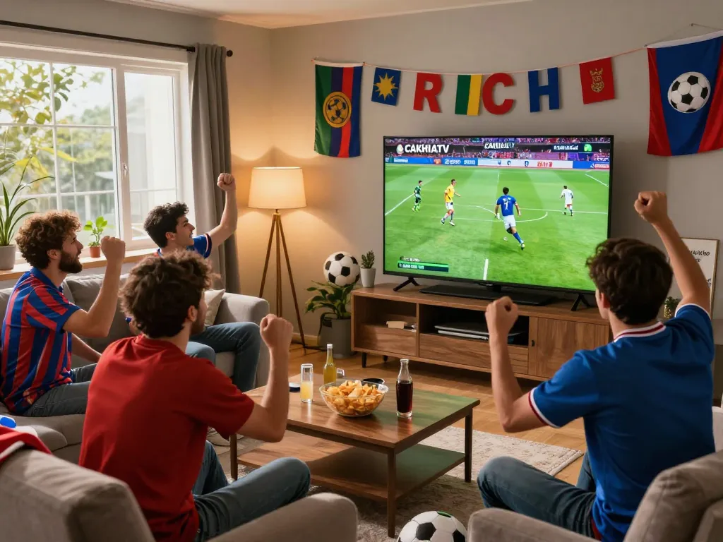 Cakhiatv live football match scene with excited fans enjoying snacks and drinks