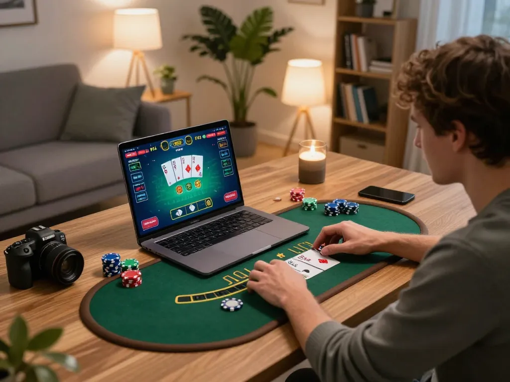 Engaging in strategic blackjack at home with vipwin displayed on the screen, showcasing vibrant gameplay.