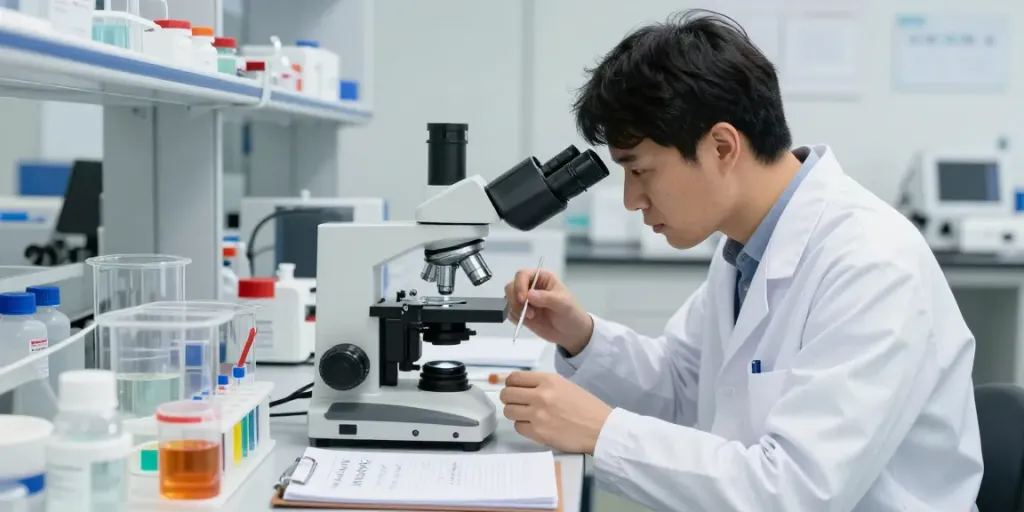 Researcher analyzing peptides and SARMs in a high-tech laboratory emphasizing SwissChems quality.