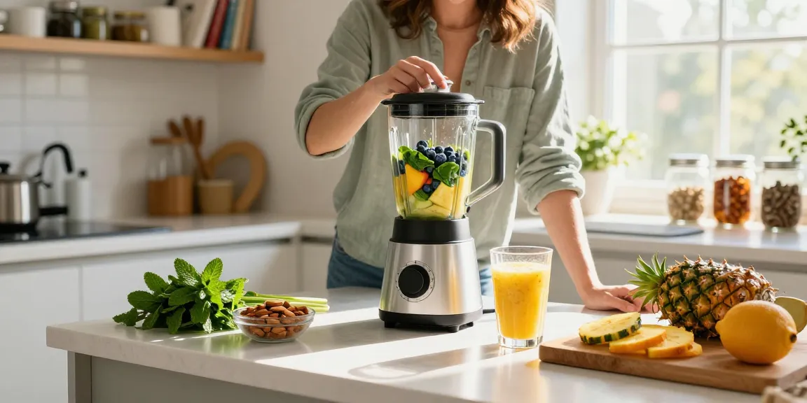 A vibrant smoothie made with a natural antioxidant supplement, fresh fruits, and greens in a bright kitchen.