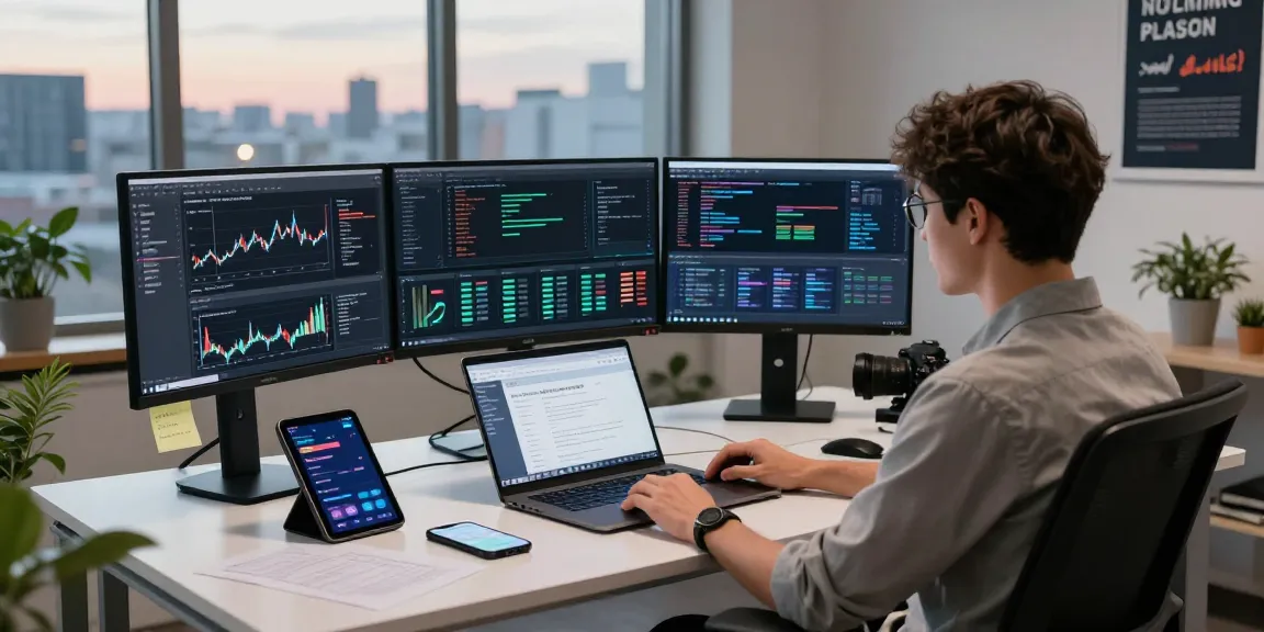 Developer utilizing a multi-exchange data interface in a modern workspace to analyze financial data.