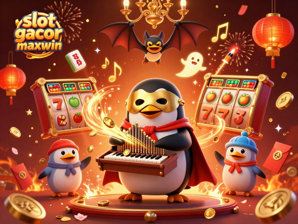 Mainkan slot gacor maxwin dengan penguin orkestra misterius dan elemen meriah dikelilingi koin emas.