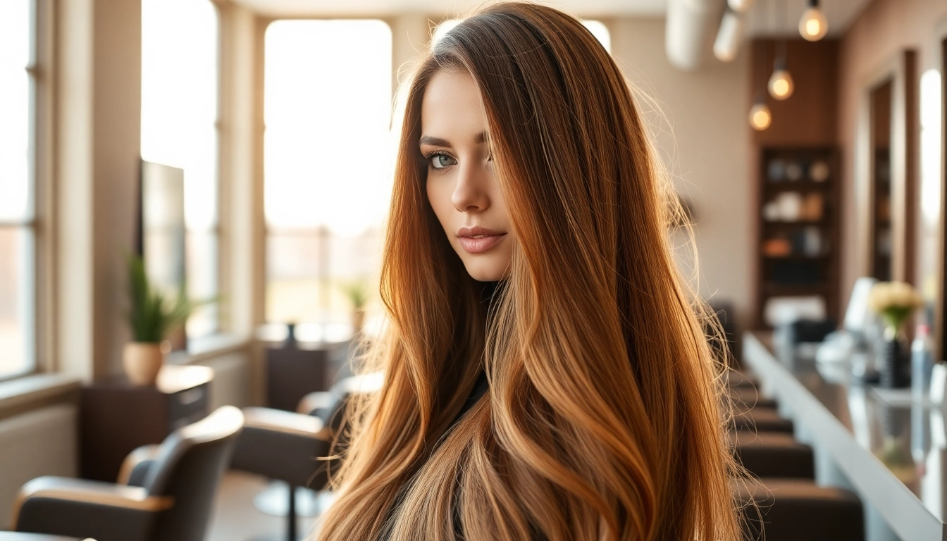 Sew in weft hair extensions displayed on a model in a chic salon, showcasing natural beauty.