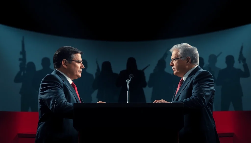Politicians debate amidst shadows of danger in Politics Thieves and Bullets-themed scene.