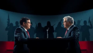 Politicians debate amidst shadows of danger in Politics Thieves and Bullets-themed scene.
